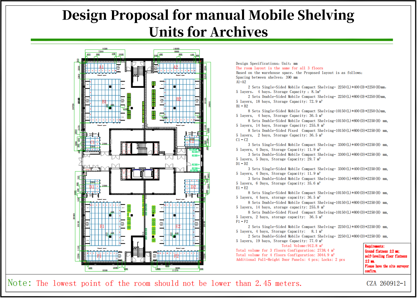 CAD floor plan for manual mobile shelving units across a three-floor archive